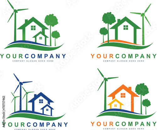 Green Eco Electricity. Sustainable wind energy houses logo