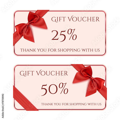 Gift voucher template with red ribbon and a bow.