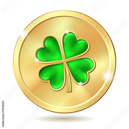 Golden coin with clover.