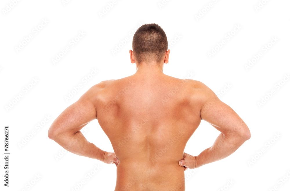 Trained bodybuilder back over white isolated background