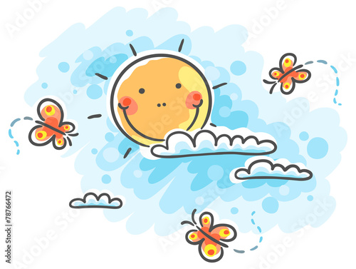Sun with clouds and butterflies
