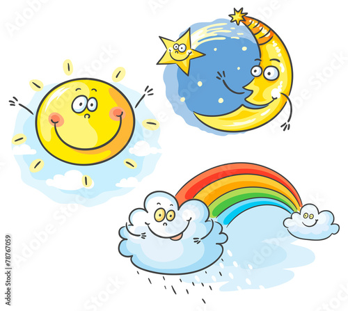 Set of cartoon moon, cloud and sun