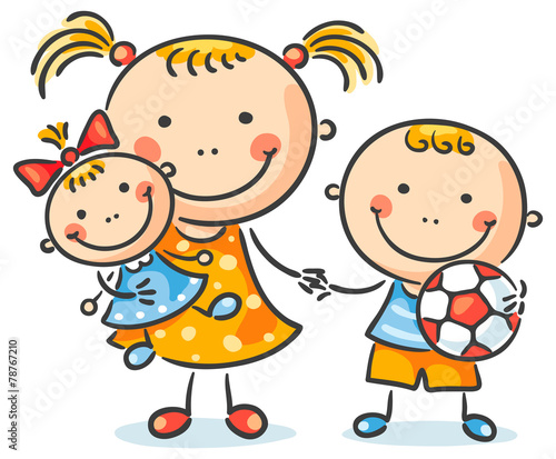 Children with their toys holding hands