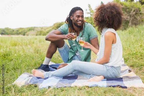 Young couple on a picnic drinking wine