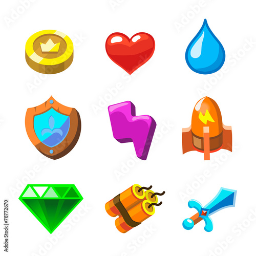 Cartoon icons for game user interface, vector set