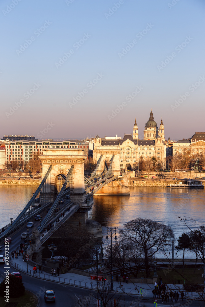 The famous chain bridge in Budapest, Hungary