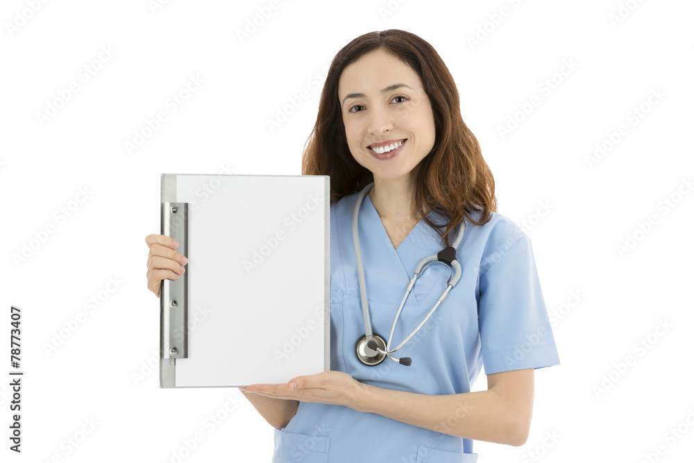 Nurse or doctor showing copy space on clipboard Nurse or doctor showing copy space on clipboard