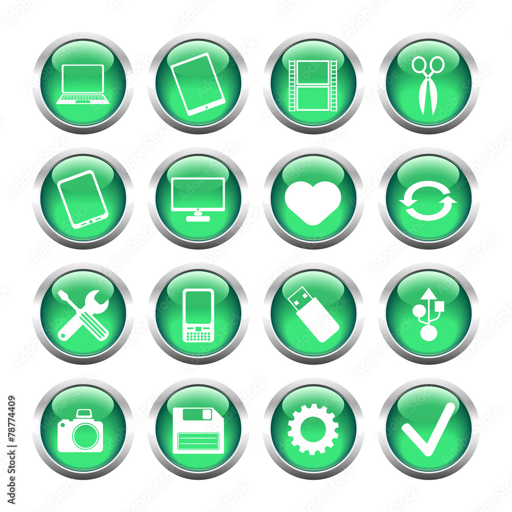Set of buttons for web, tablet, smartphone. tools, camera, USB f Set of buttons for web, tablet, smartphone. tools, camera, USB f
