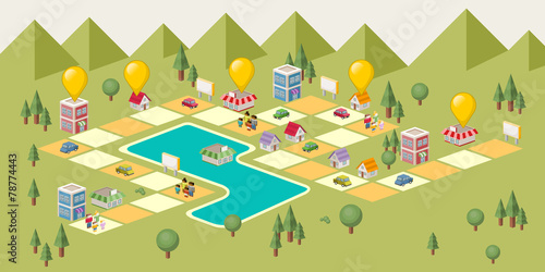 Board game with people on the city. Green park.