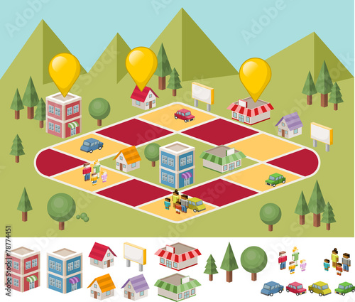 Board game with people on the city. Green park.