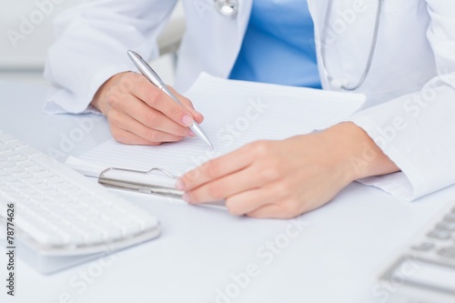 Female doctor writing prescriptions at table