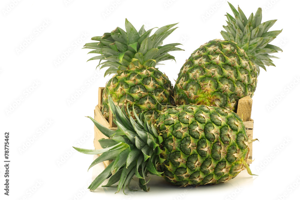 fresh pineapple fruits in a wooden crate on a white background fresh pineapple fruits in a wooden crate on a white background