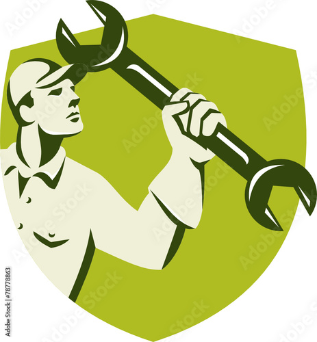 Mechanic Wielding Spanner Wrench Shield Retro