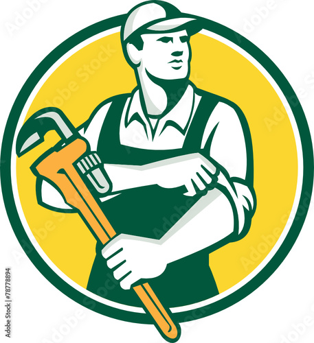 Plumber Holding Monkey Wrench Rolling Sleeve Retro