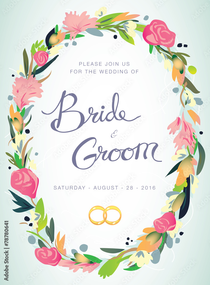 Wedding invitation, bride & groom, marriage, floral crown Wedding invitation, bride & groom, marriage, floral crown