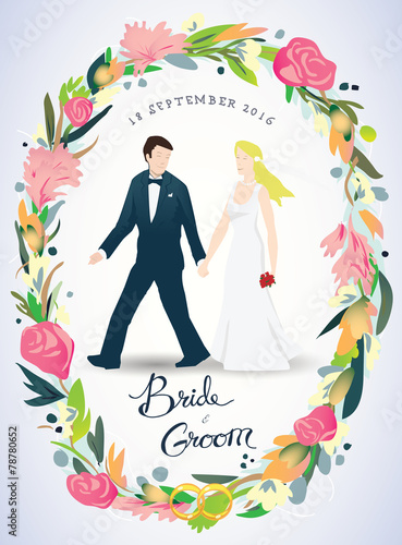 Wedding invitation, bride & groom, marriage, floral crown