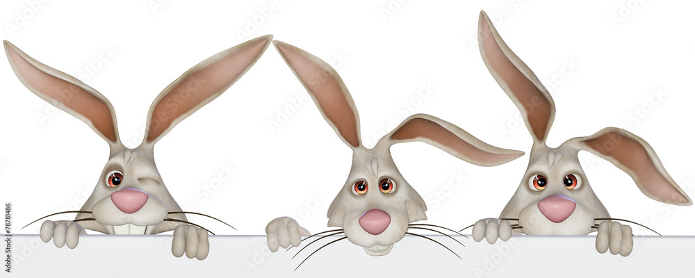 Fotografie Easter bunnies with a blank board, different expressions