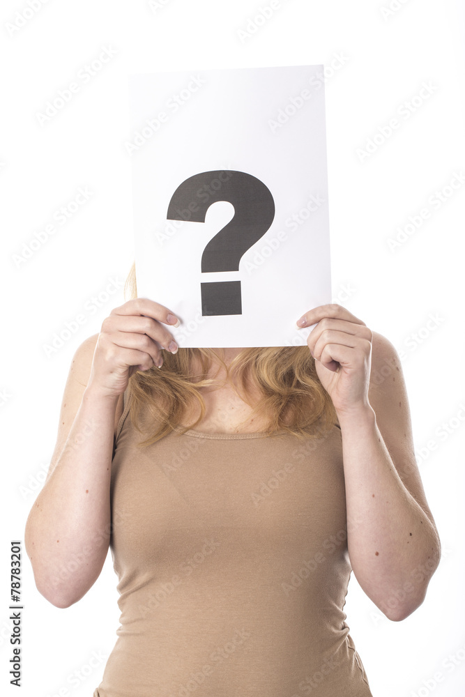 Model Released. Young Woman Holding Exclamation Mark Model Released. Young Woman Holding Exclamation Mark