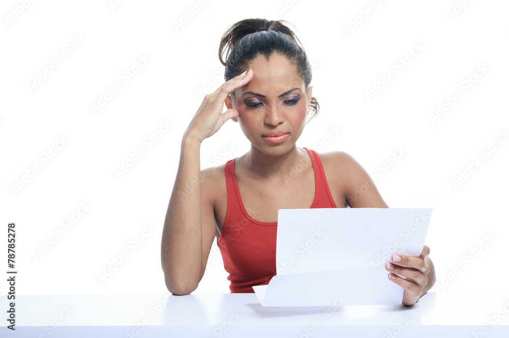 A Stress woman paying bills, isolated on white A Stress woman paying bills, isolated on white
