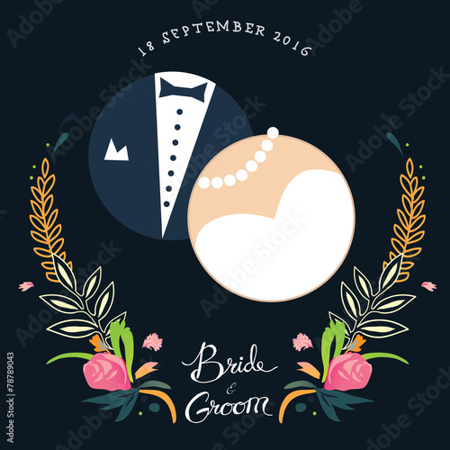 Wedding invitation, bride & groom, marriage, floral crown