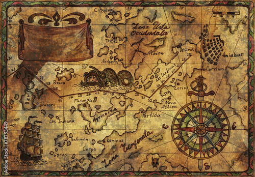 Hand drawn pirate map with old fabric texture