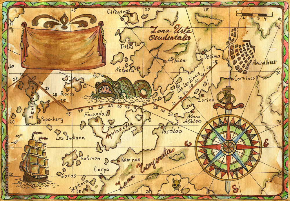 Pirate map with rose of winds, ship and banner