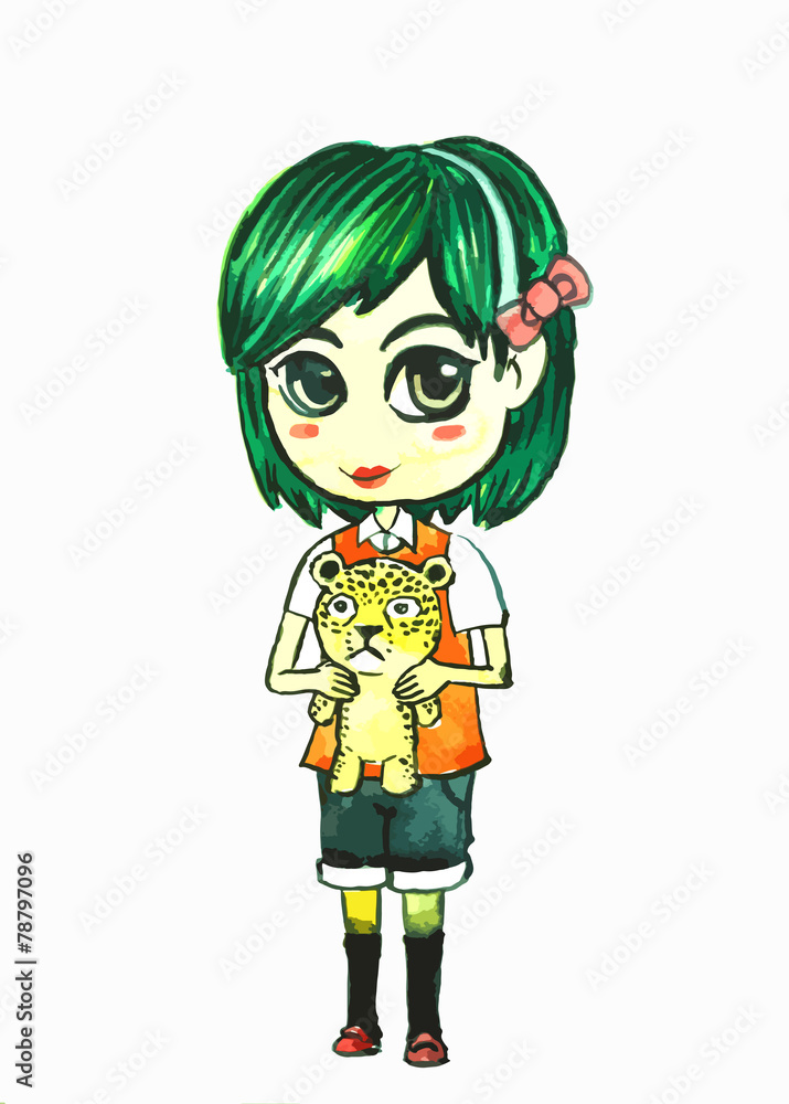 a girl with tiger doll painting on white background a girl with tiger doll painting on white background