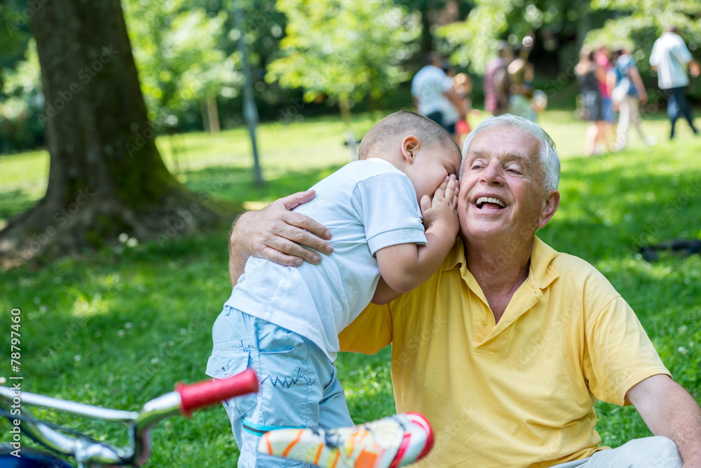 Fototapeta premium grandfather and child have fun in park