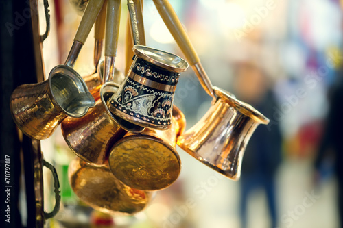 Photography Copper Coffee pots in Grand Bazaar Istanbul, Turkey