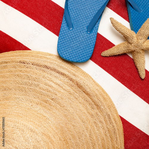 Vászonkép Flip flops, hat, towel, starfish for a day at the beach, pool or
