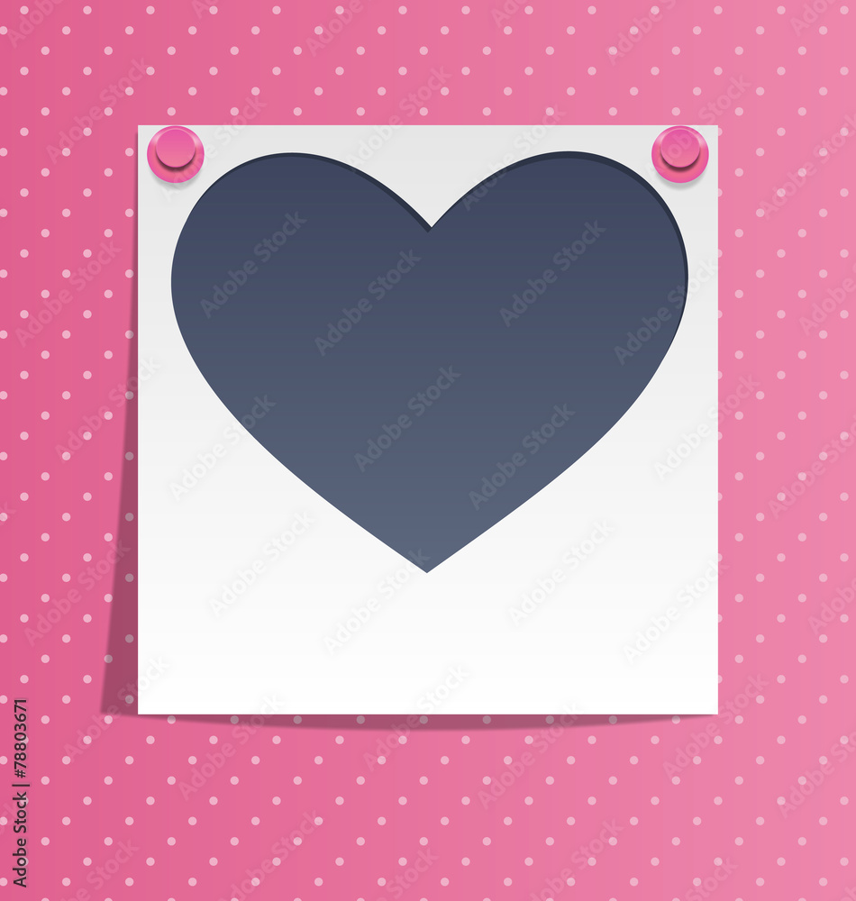 Love photo frame on wall with pink pins on pink background