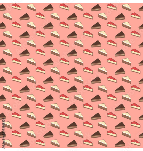 Seamless sweet pattern. The pieces of the pie and cake on pink b
