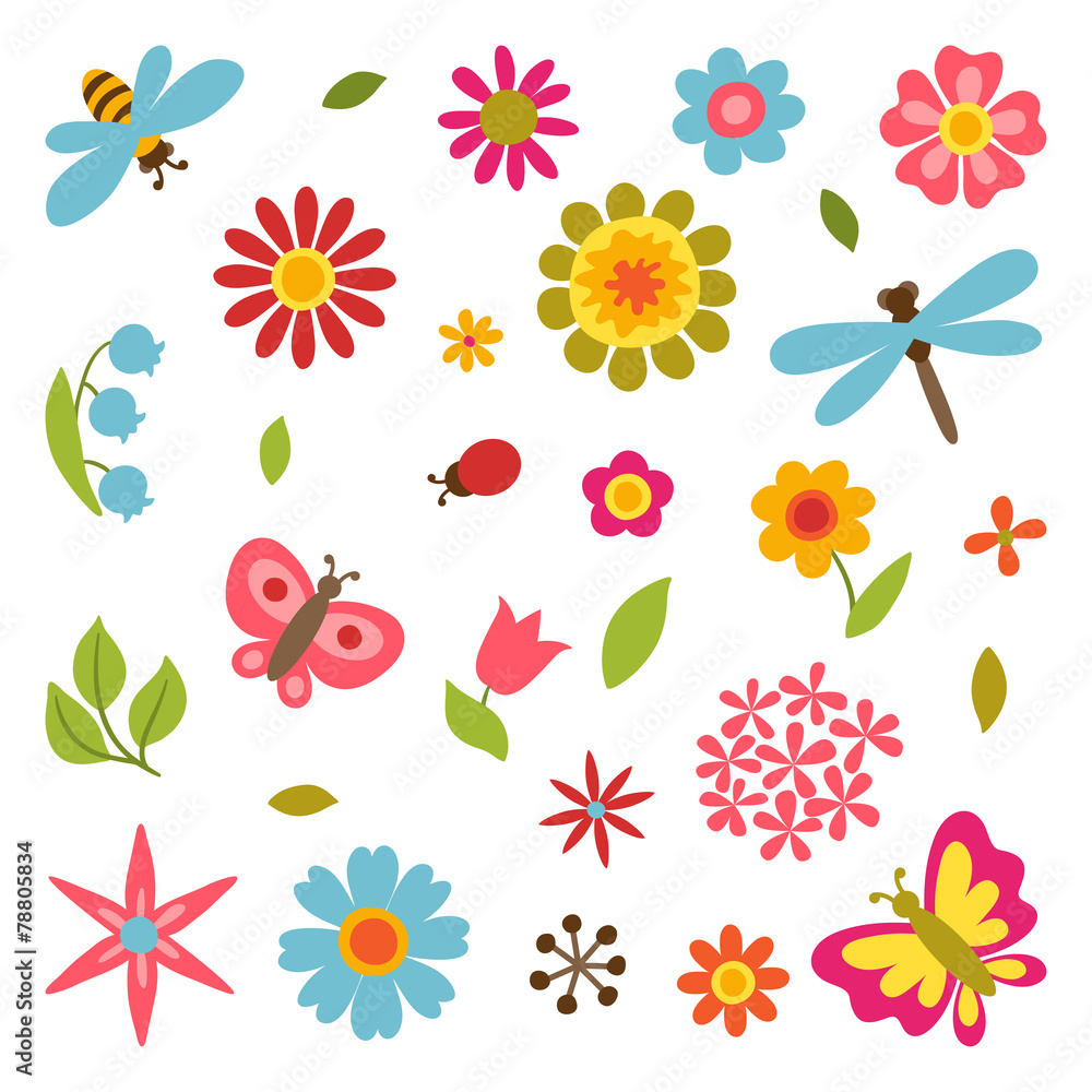 Natural set of beautiful flowers, beetles and butterflies. Natural set of beautiful flowers, beetles and butterflies.