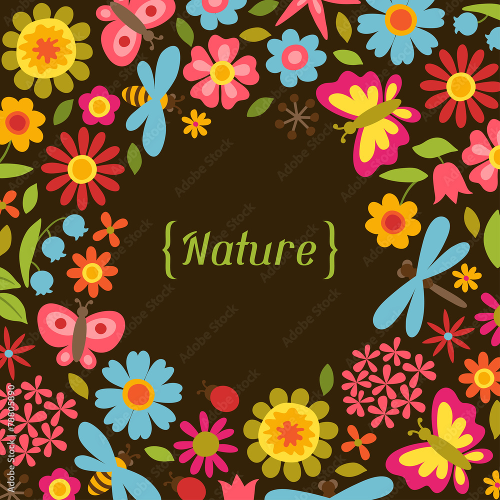Natural card with beautiful flowers, beetles and butterflies. Natural card with beautiful flowers, beetles and butterflies.