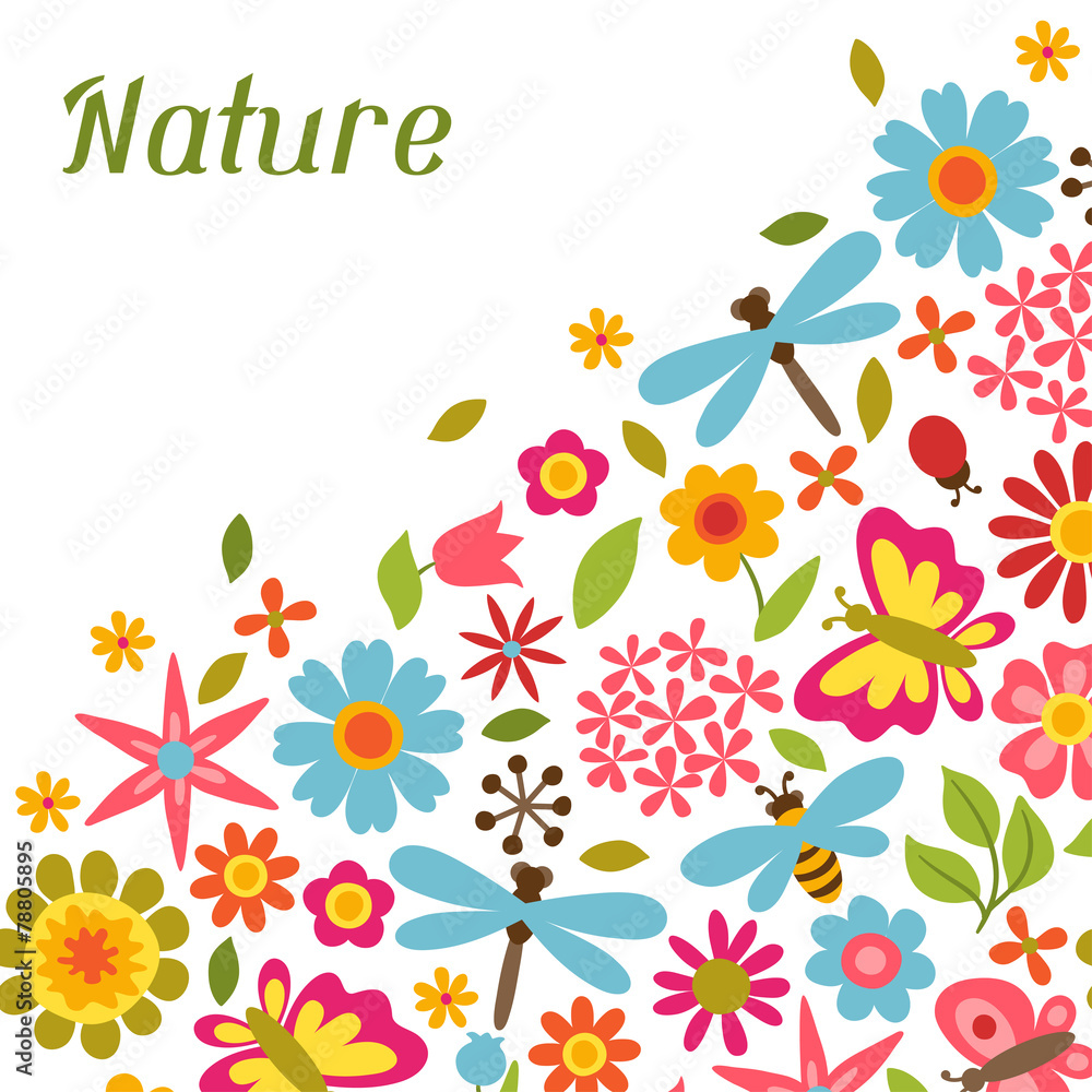 Natural card with beautiful flowers, beetles and butterflies.