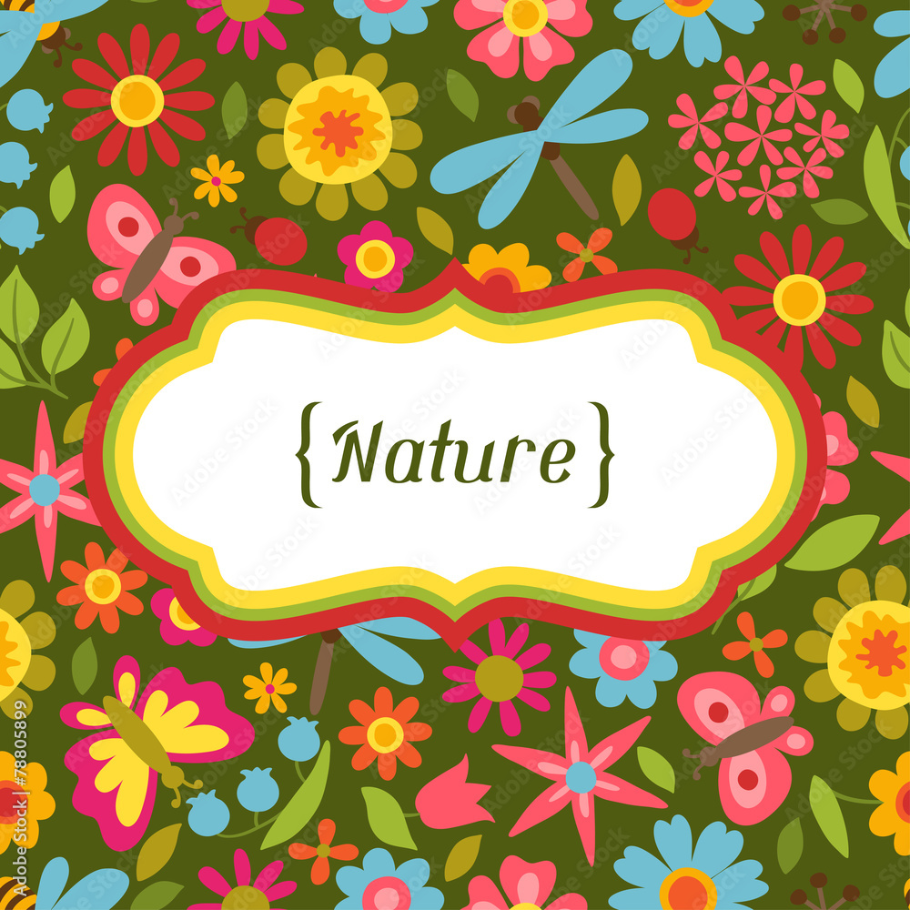 Natural card with beautiful flowers, beetles and butterflies. Natural card with beautiful flowers, beetles and butterflies.