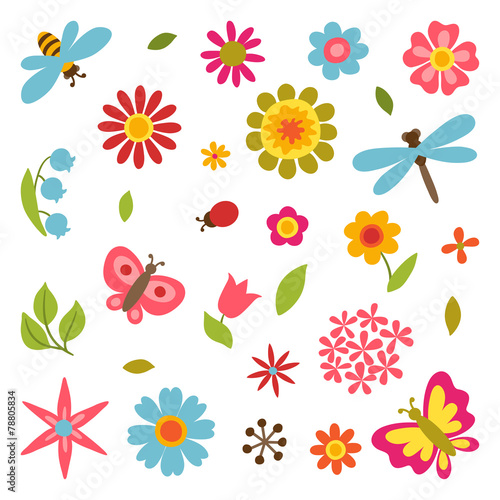 Wallpaper Mural Natural set of beautiful flowers, beetles and butterflies. Torontodigital.ca