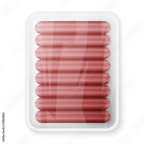 Pork sausages in a plastic packaging tray