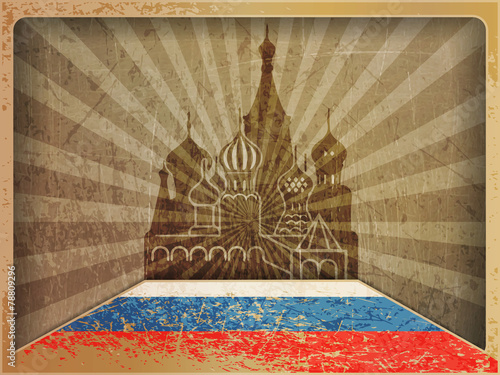 Vintage postcard: St. Basil's Cathedral, Russian flag