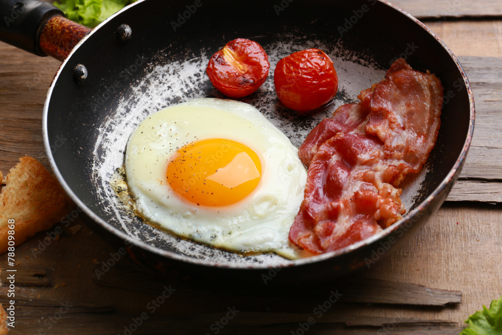 Bacon and eggs on rustic wooden planks background Bacon and eggs on rustic wooden planks background