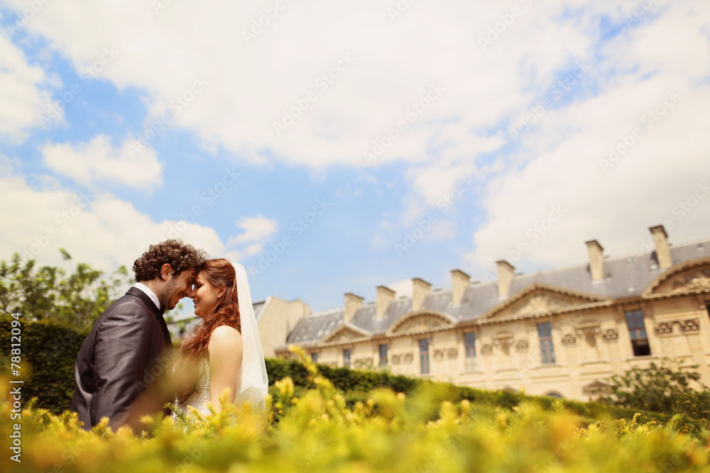 Bride and groom on a blue sky in Paris, France