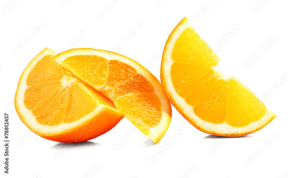 Fototapeta premium Juicy slices of orange isolated on white