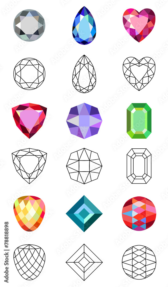 Low poly colored &amp; black outline template gems cuts Stock Vector ...