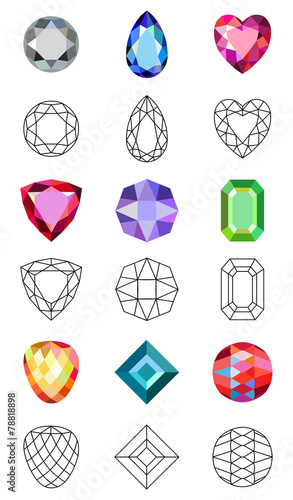 Low poly colored & black outline template gems cuts