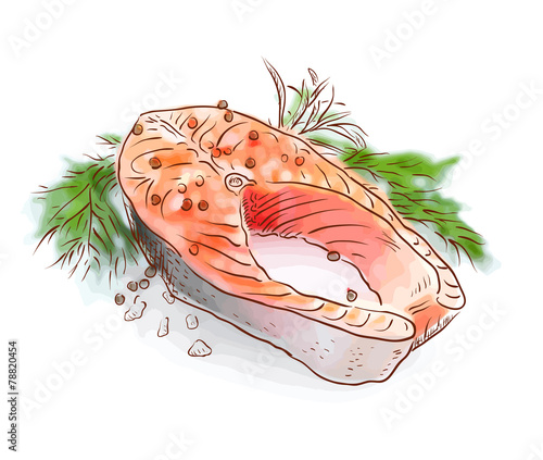 Salmon stake. Watercolor imitation with sketch.