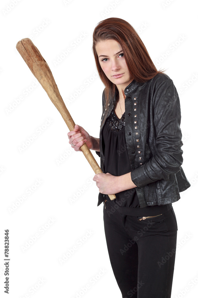 Young girl in black leather jacket holding wooden club isolated Young girl in black leather jacket holding wooden club isolated