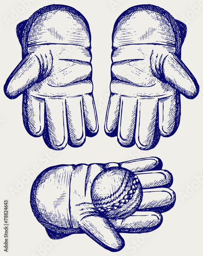 Cricket ball in a wicket keeping glove. Doodle style
