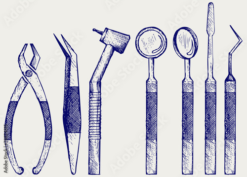 Set of medical equipment tools for teeth dental care