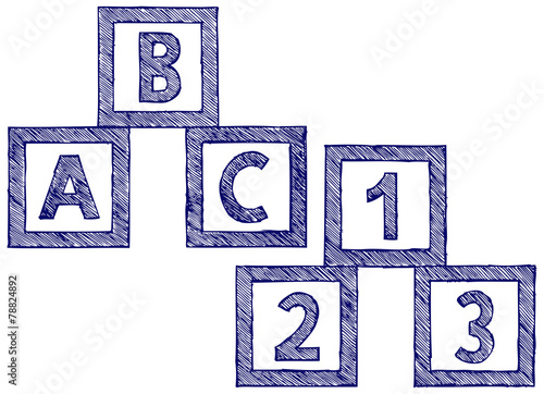 Alphabet cubes with A,B,C letters and numerals.
