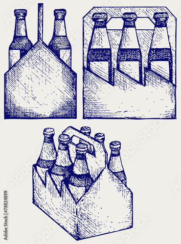 Beer six pack in three boxes. Doodle style